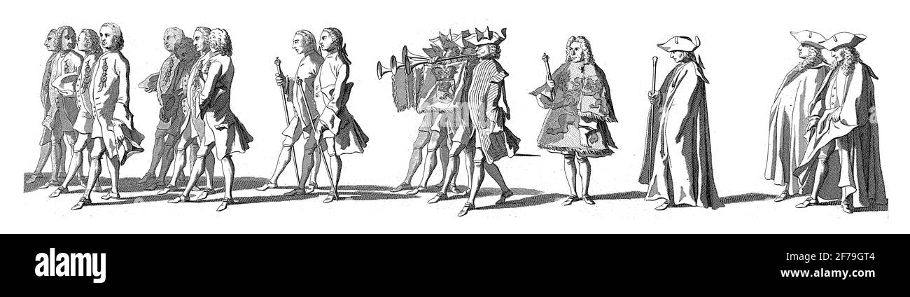 Membri del personale degli Stati generali, con quattro trombettieri. Nel margine la didascalia in olandese, francese e inglese, incisione d'annata. Foto Stock