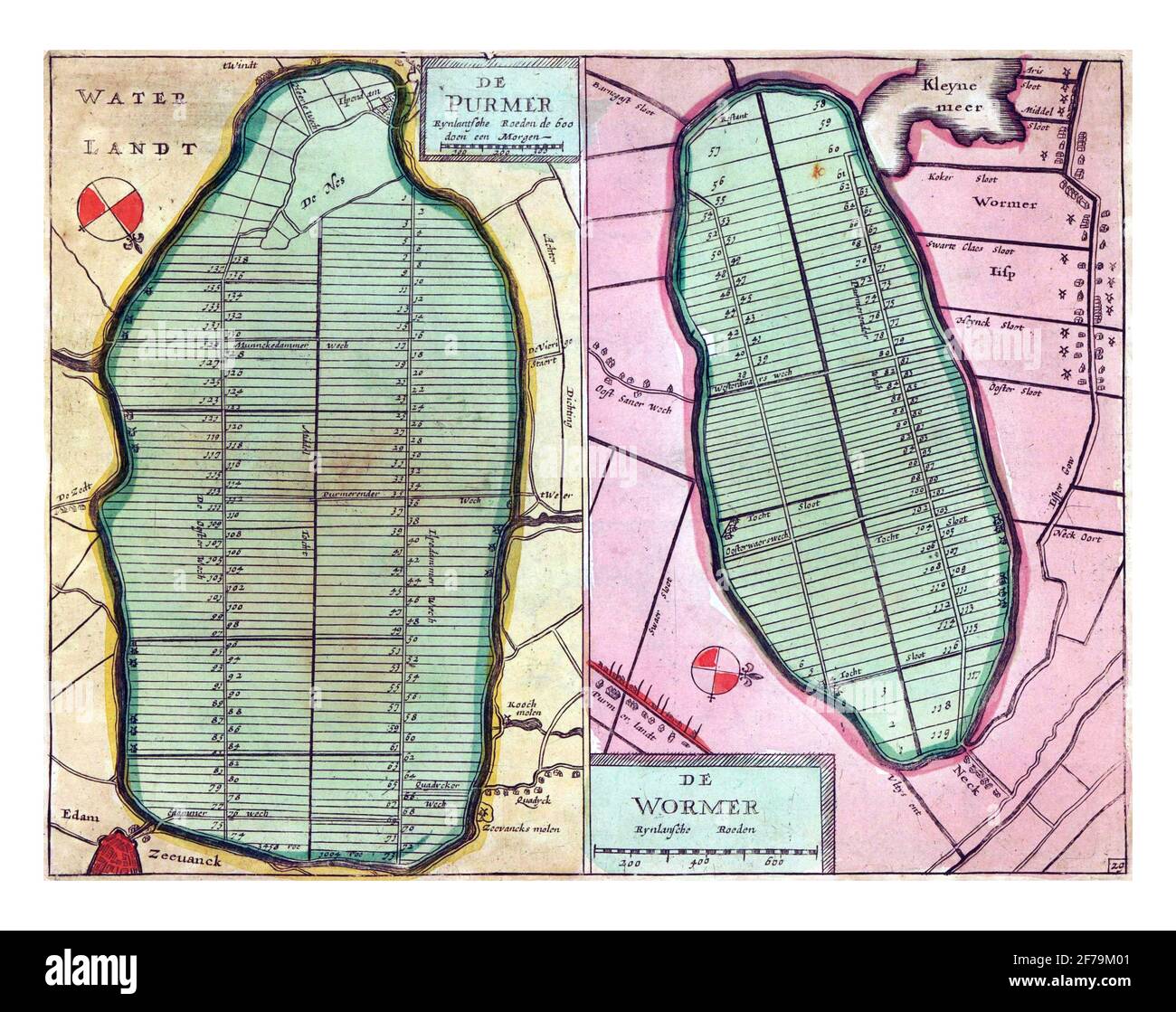 Mappe del Purmer impolded e Wormer, incisione vintage. Foto Stock