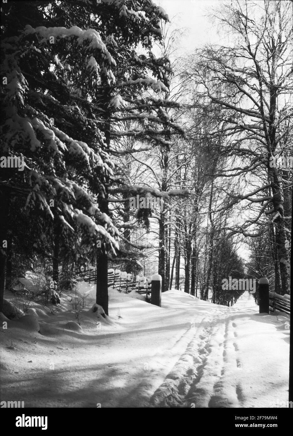 Dia affrancatura, immagine della finestra con motivi di Hedemora, possibilmente da Älvdalen. Strada innevata attraverso Allé. Foto Stock