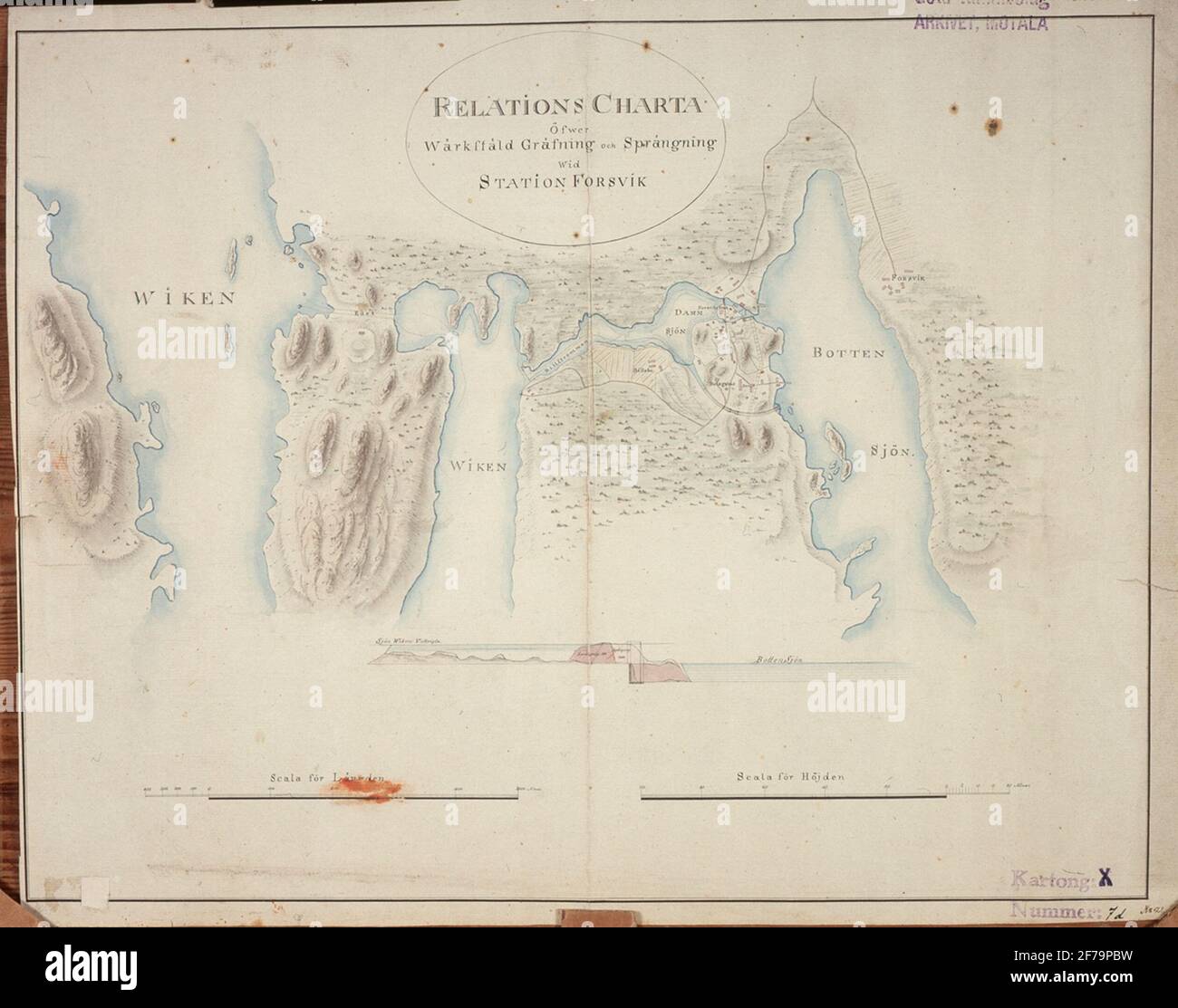 R. W. Holmström. Mappa delle relazioni di brillamento eseguito a Forsvik station1810-1812. Secondo i doveri della Göta Channel Company, Holmström è stato incluso negli anni 1810-1812 e ha disegnato mappe di relazione sui posti di lavoro sia in Västergötland che in Östergötland. Fu a Forsvik che iniziò la trincea e nel 1813 vi finì la prima delle 58 chiuse. Foto Stock