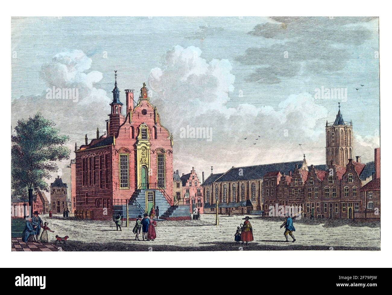 Mercato e Municipio di Schiedam, incisione d'epoca. Foto Stock