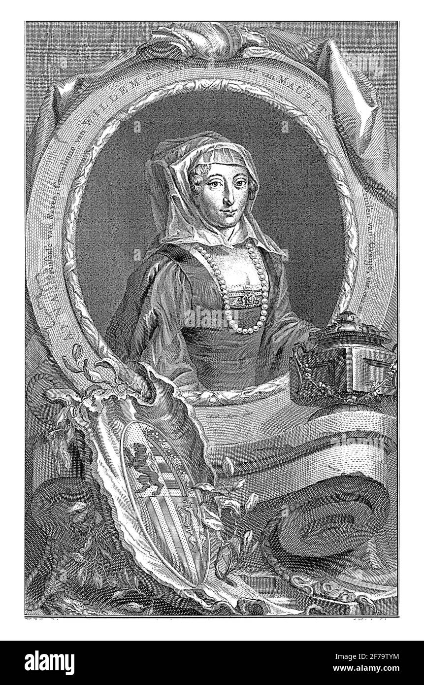 Ritratto di Anna van Saksen, incisione d'annata. Foto Stock