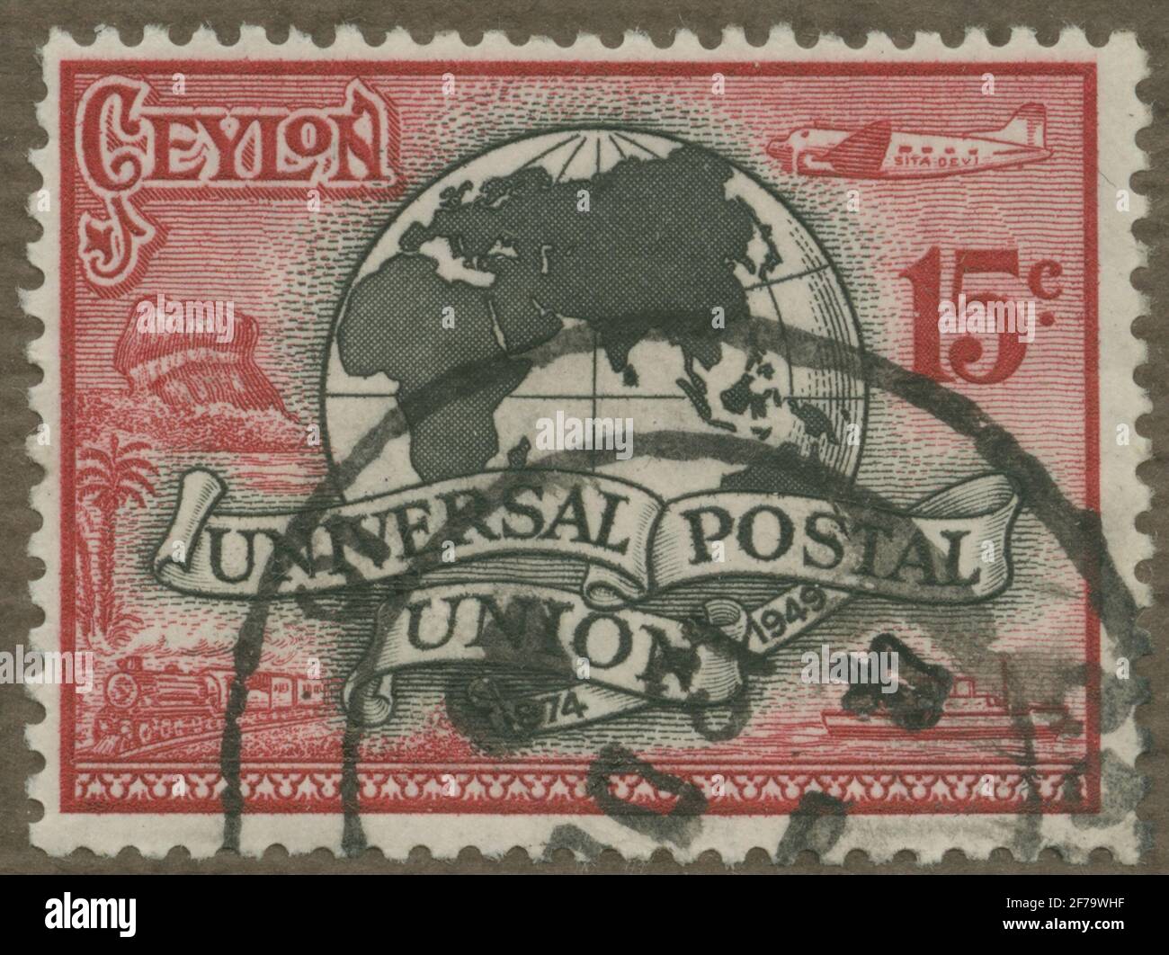 Francobollo dell'incarico filatelista di Gösta Bodman, iniziato nel 1950. Il francobollo da Ceylon, 1949. Motivi dell'emisfero orientale. "World mail Association 175 nel 1874-1949". Foto Stock