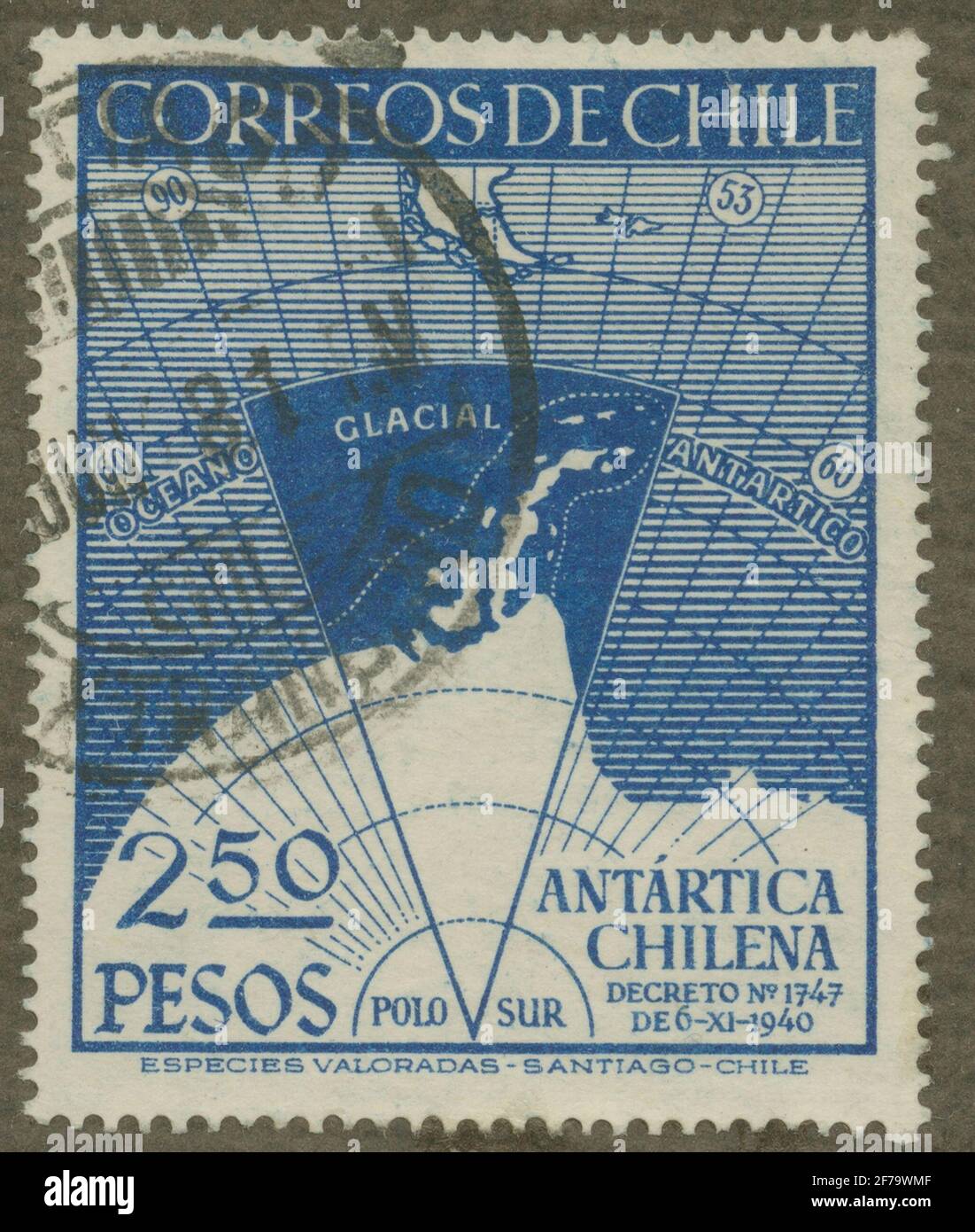 Francobollo dell'Associazione Filatelista di Gösta Bodman, iniziato nel 1950. Il francobollo dal Cile, 1947. Mappa della carta della pretesa del Cile nell'area polare meridionale 6.11.1940. Foto Stock