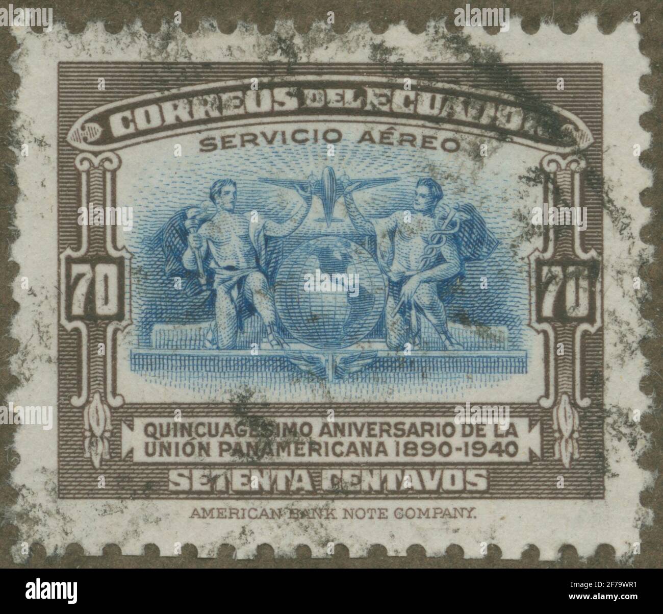 Francobollo dell'Associazione Filatelista di Gösta Bodman, iniziato nel 1950. Il francobollo dall'Ecuador, 1940. Motivi di globo con l'America. "50 anni. L'Unione panamericana». Foto Stock