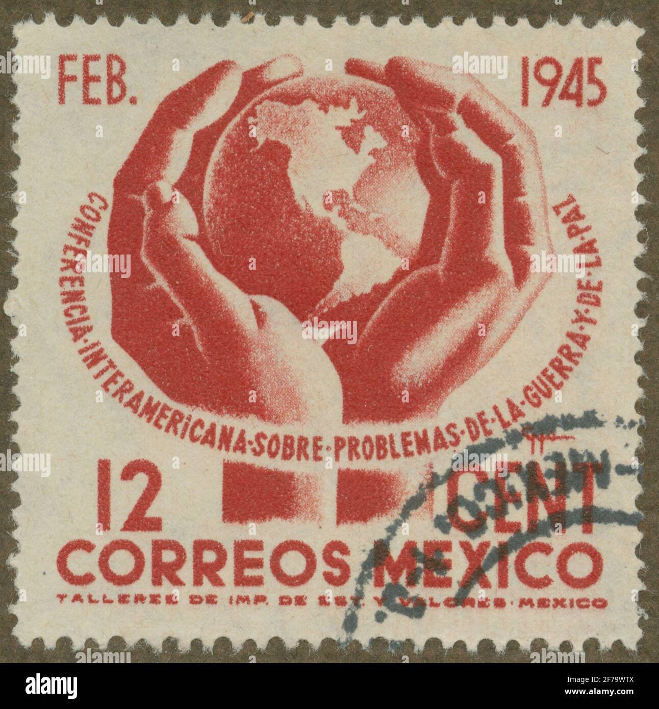 Francobollo della collezione di motivi filatelisti di Gösta Bodman, iniziato nel 1950. Il francobollo dal Messico, 1945. Motivi di globo con Ameroka. 'Congresso Internazionale della Pace'. Foto Stock