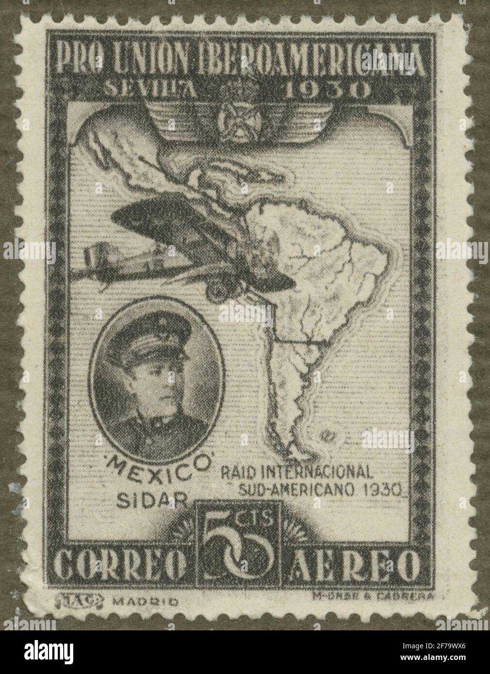 Timbro dell'Associazione Filatelista di Gösta Bodman, iniziato il 1950.il timbro dalla Spagna, 1930. Mappa del Sud America con Flying Mexico - SID. Monoplanare. 'La mostra a Siviglia nel 1930'. Foto Stock
