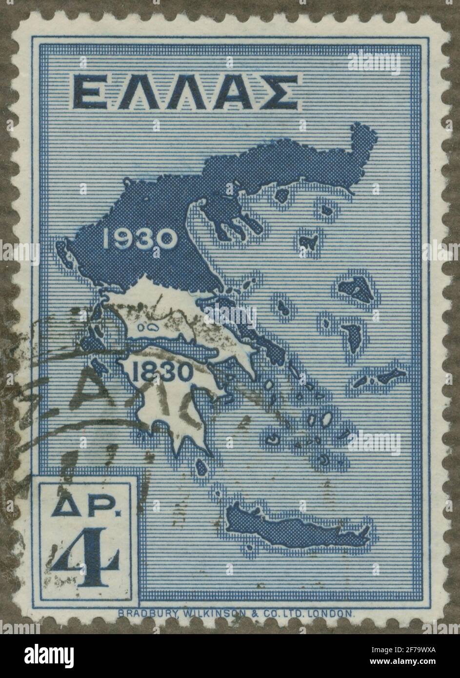 Francobollo dell'Associazione Filatelista di Gösta Bodman, iniziato nel 1950. Il francobollo dalla Grecia. Mozioni di carte a dimostrazione della Grecia 1830 e 1930. Foto Stock
