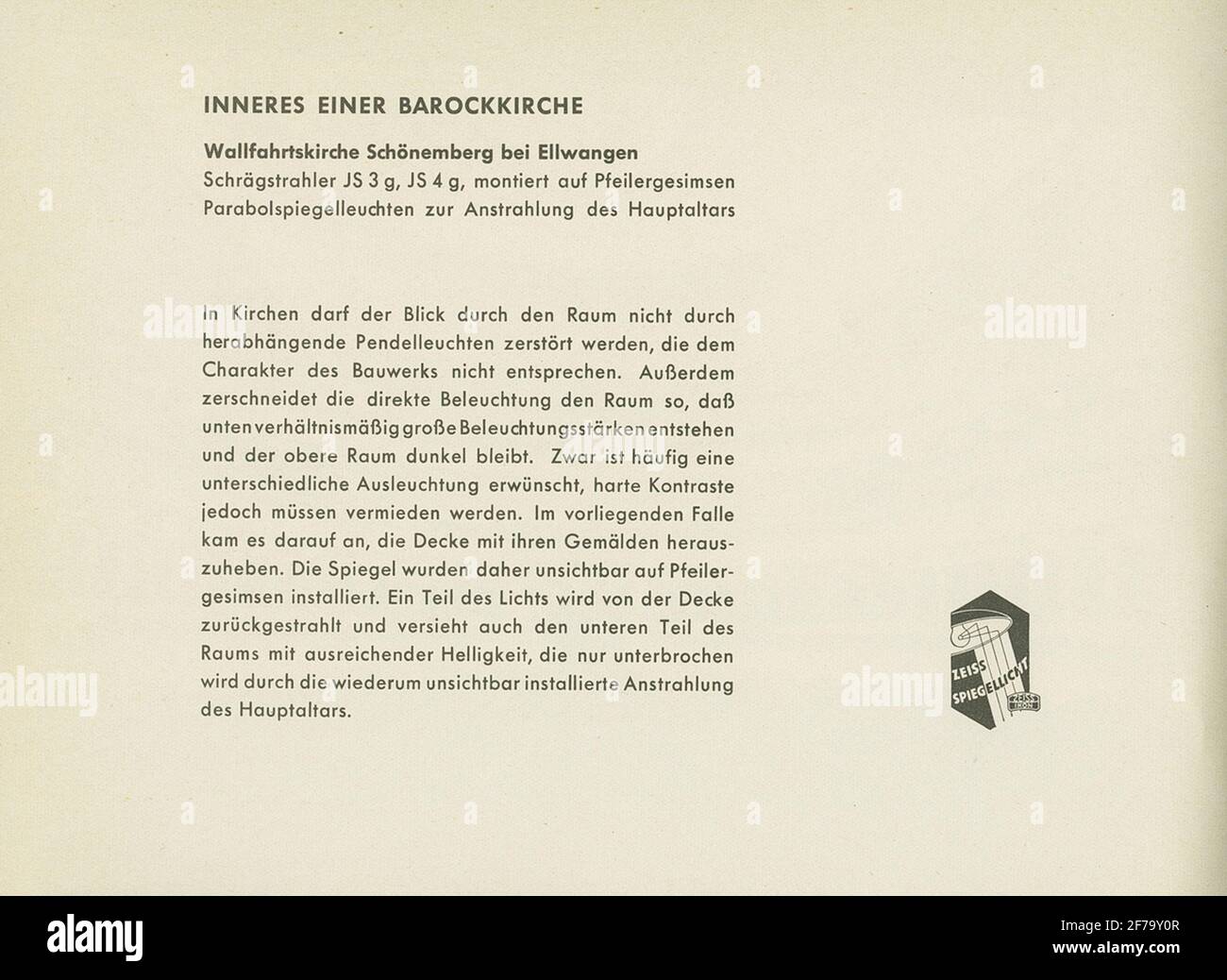 Bild ur Boken 'Zeiss Mirror Light System Zeiss-Wiscott in the architecture: A collection of lighting Systems realizzed'. Boken GAVS UT AV Berlin-Zehlendorf: Zeiss Ikon a.g., Goerzwerk, 1937. Foto Stock