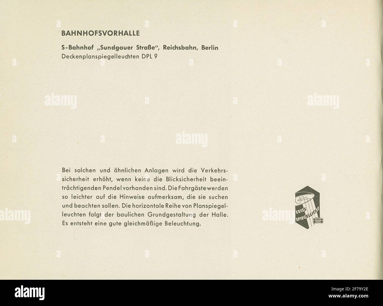 Bild ur Boken 'Zeiss Mirror Light System Zeiss-Wiscott in the architecture: A collection of lighting Systems realizzed'. Boken GAVS UT AV Berlin-Zehlendorf: Zeiss Ikon a.g., Goerzwerk, 1937. Foto Stock