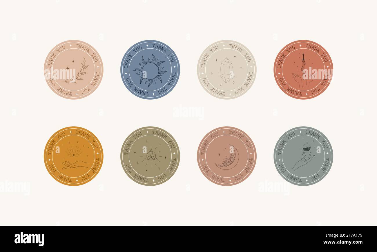 Set di boho grazie badge, etichette e adesivi. Grazie per le icone degli ordini. Illustrazione vettoriale moderna in stile lineare. Utilizzare per etichette, tessuti Illustrazione Vettoriale