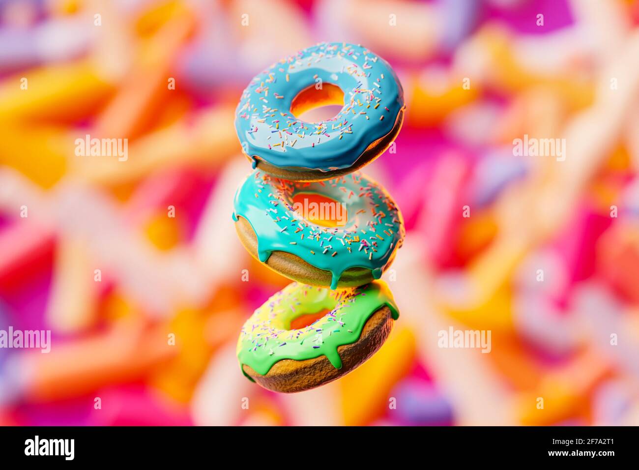 illustrazione 3d tre ciambelle multicolore con spruzzi multicolore volano in una fila uniforme su uno sfondo sfocato. Carino, coloratissime e lucide ciambelle w Foto Stock