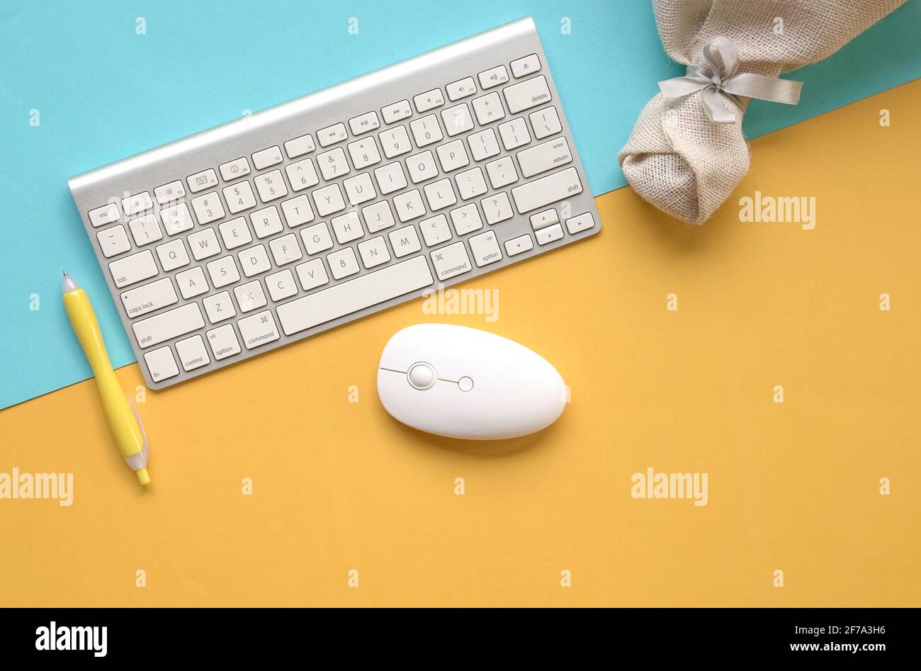 Tastiera, mouse e penna con bouquet di fiori deco su sfondo giallo e blu. Vista dall'alto. Spazio di copia. Foto Stock