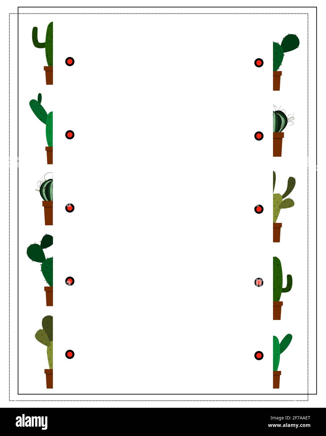Un gioco per bambini, trovare la metà giusta del cactus. Collegare le due metà. Vettore isolato su sfondo bianco. Illustrazione Vettoriale