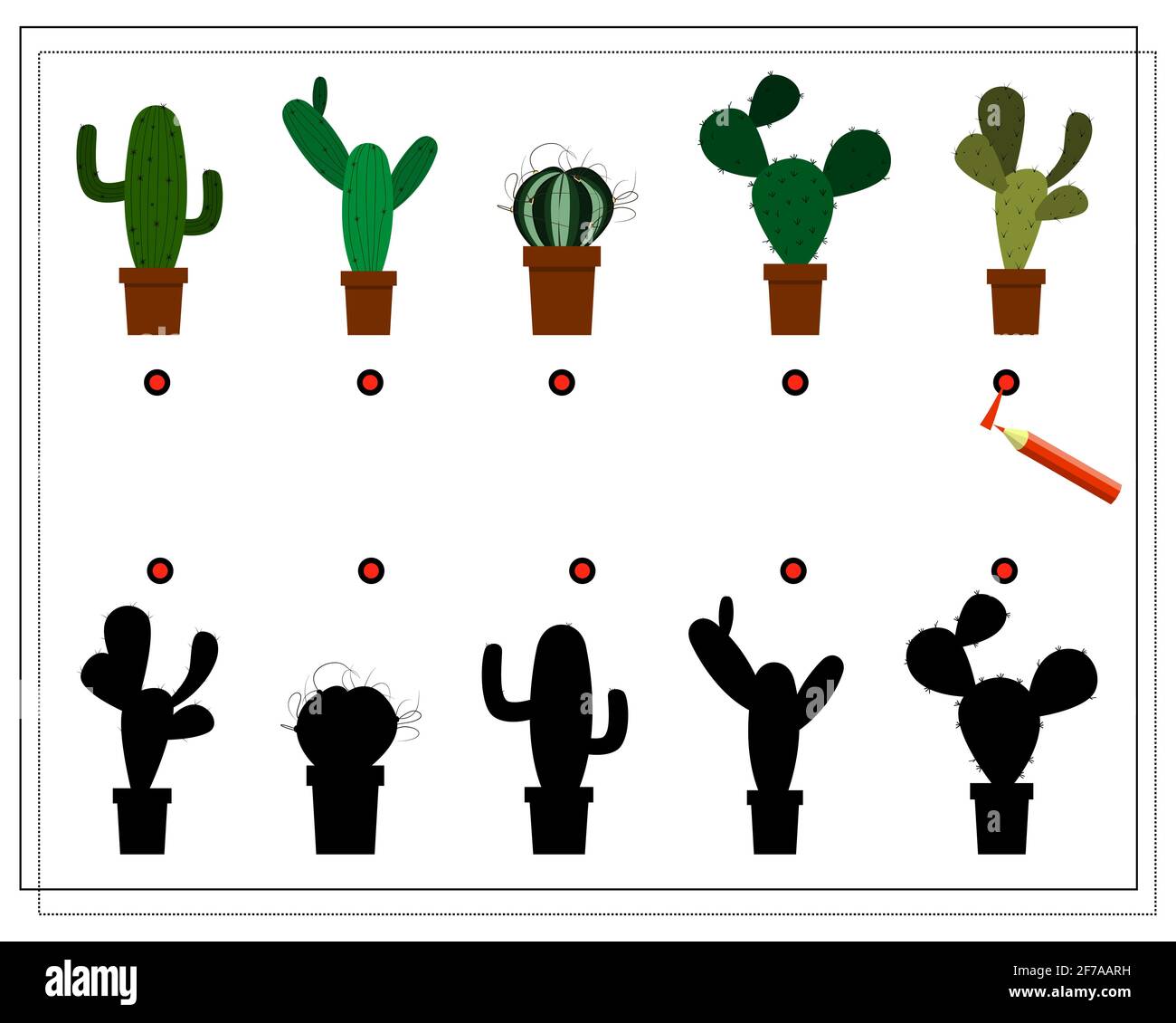 un gioco di puzzle per bambini in età prescolare. trovare l'ombra giusta. Cactus. Silhouette. Vettore Illustrazione Vettoriale