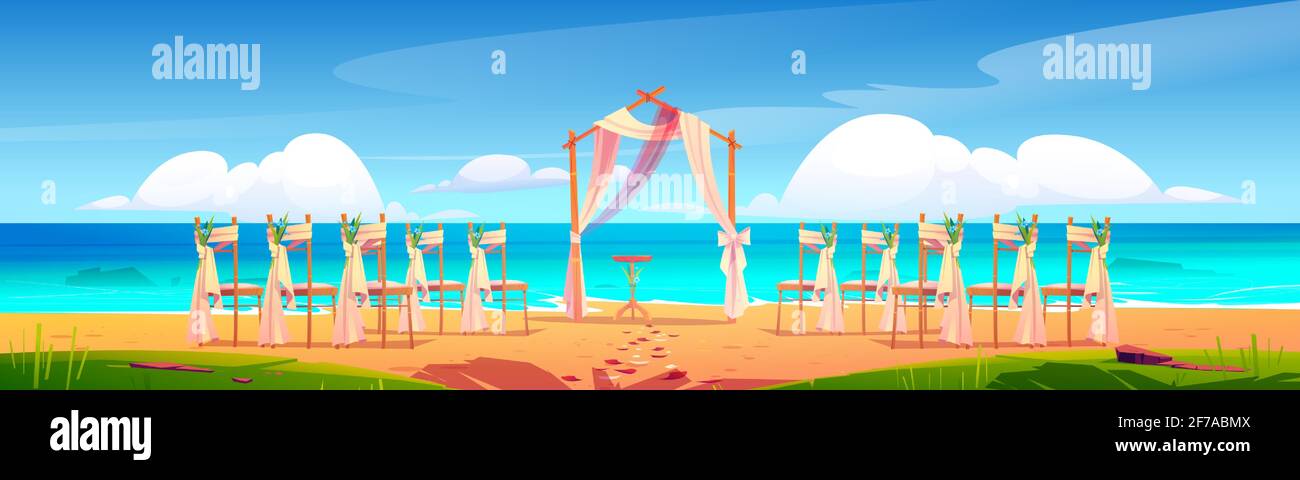 Spiaggia arco di nozze e decorazione sul mare. Arco in legno e sedie con fiori in piedi sulla spiaggia di sabbia oceanica con petali sparsi. Porta per matrimonio, cerimonia del matrimonio. Illustrazione vettoriale cartoon Illustrazione Vettoriale