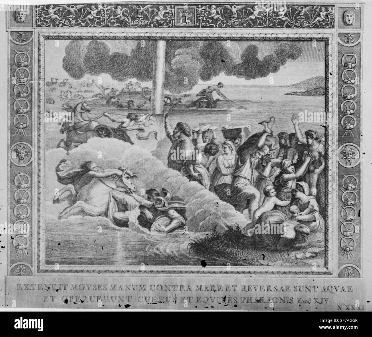 Skioptikonbild Med religiöst motivo. 'i moss allungarono la mano sul mare e sull'acqua e lo reveses operueunt rame e Eqvites. Exod.XIV"; Foto Stock