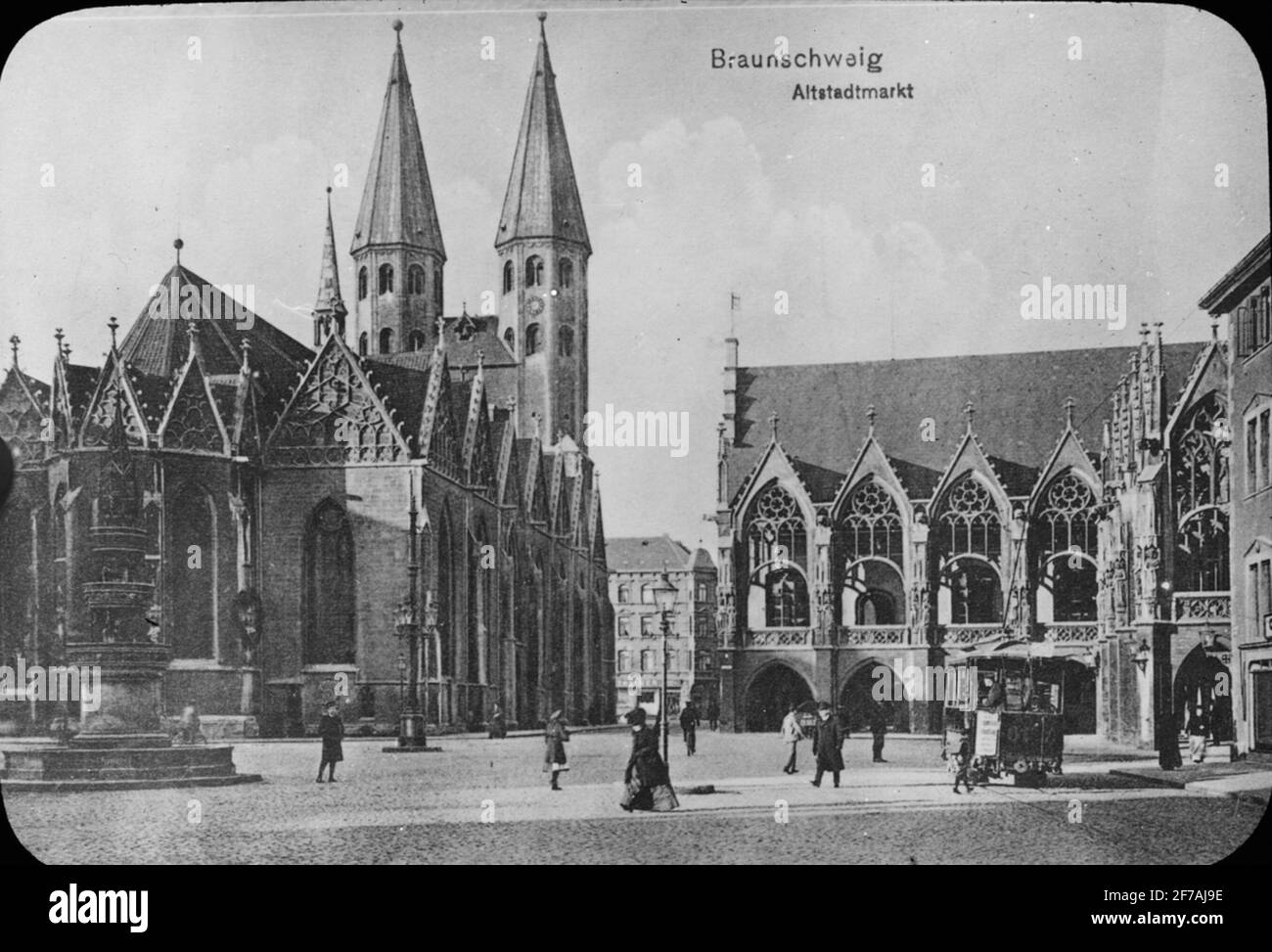 Immagine Skioptic, immagine stampata con motivi da Alstadtmarkt. Il municipio e la Chiesa di Braunschweig.Filden sono stati conservati in cartone etichettato: Spring Travel nel 1909. Braunschweig 9. III. Foto Stock