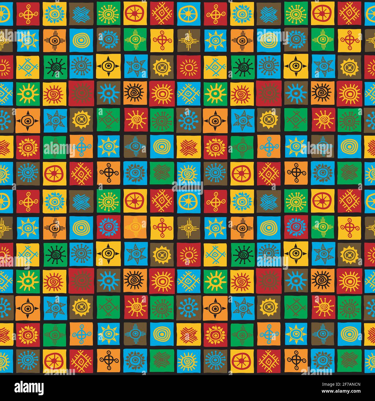 Colorato sfondo senza soluzione di continuità con i simboli etnici in piazze Illustrazione Vettoriale