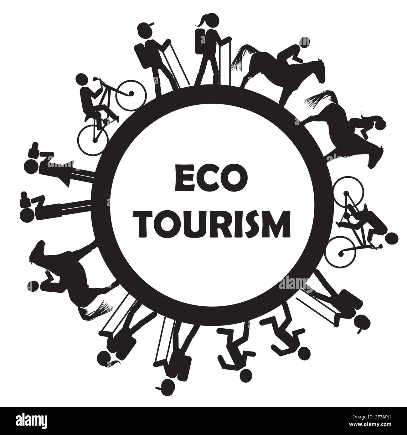 Eco Turismo icona con turisti stilizzata, fotografi e piloti Illustrazione Vettoriale