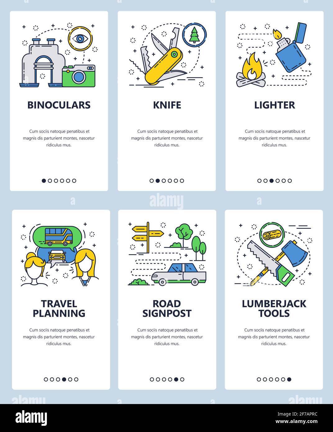 Modello di schermate di onboarding lineari del sito Web vettoriale. Pianificazione di viaggi e campeggio vacanza all'aperto. Binocoli, coltelli, accendini e utensili per lumi Illustrazione Vettoriale