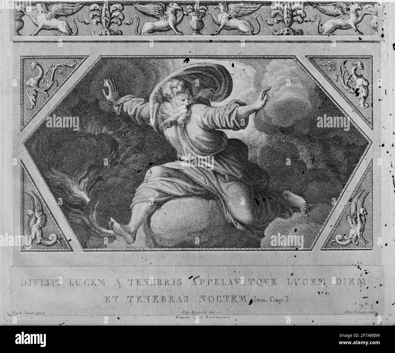 Immagine Skiopticone. La pressione con i motivi del cristianesimo e la storia della creazione dell'ebraismo. L'immagine mostra il giorno 1 della storia della creazione, quando Dio distingue la luce dall'oscurità, e Dio chiama la luce per 'giorno' e l'oscuro per 'notte'. Foto Stock