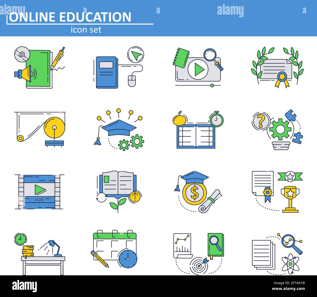 Insieme vettoriale di icone di formazione online in stile sottile. Corsi e tutorial online per la scuola e l'università. E-learning. Interfaccia utente del sito Web e app Web per dispositivi mobili Illustrazione Vettoriale