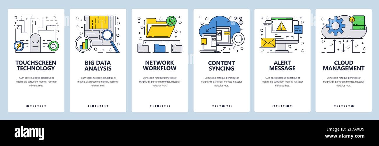 Modello di schermate di onboarding lineari del sito Web vettoriale. Servizi cloud online, tecnologie touchscreen e di sincronizzazione e analisi dei big data. Menu Illustrazione Vettoriale