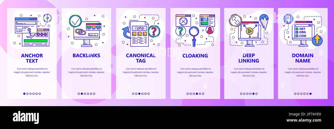 Schermate di onboarding del sito Web. Marketing digitale e promozione di siti web. Modello di banner vettoriale dei menu per lo sviluppo di siti Web e app mobili. Moderno Illustrazione Vettoriale