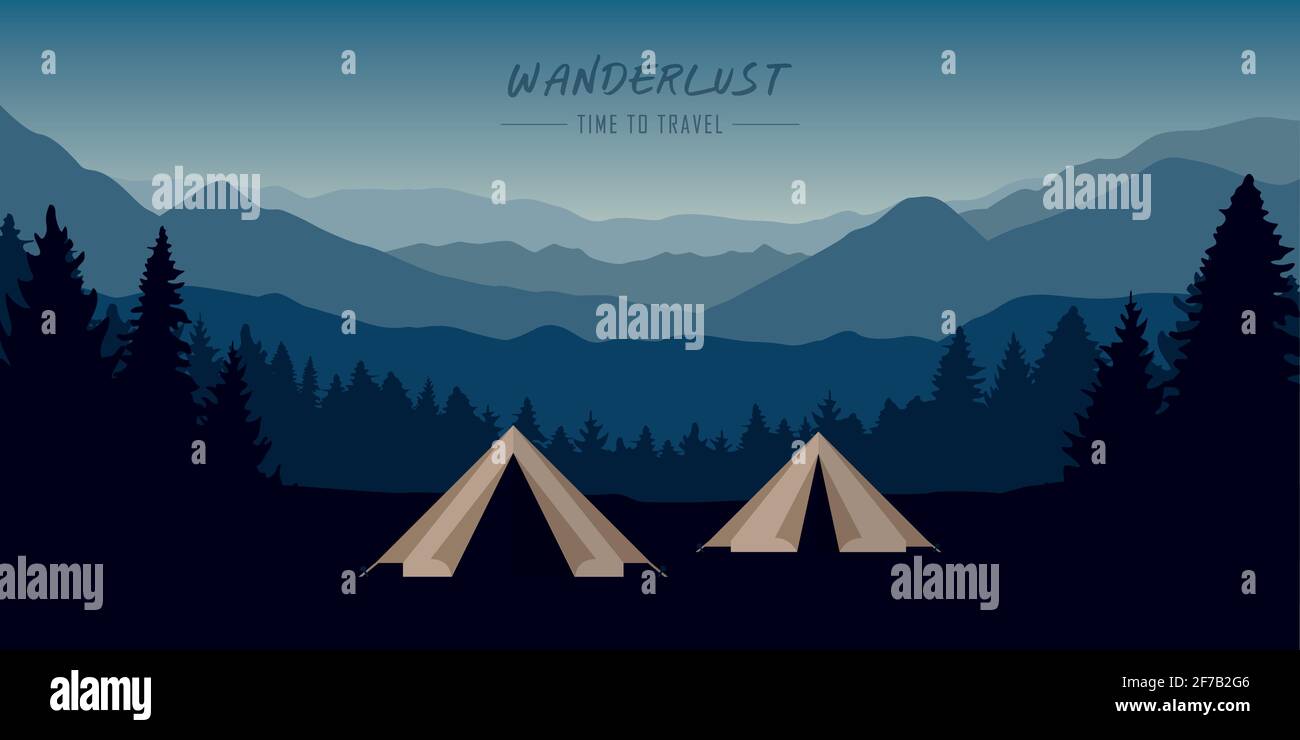 wanderlust campeggio tenda avventura in montagna blu e paesaggio forestale Illustrazione Vettoriale