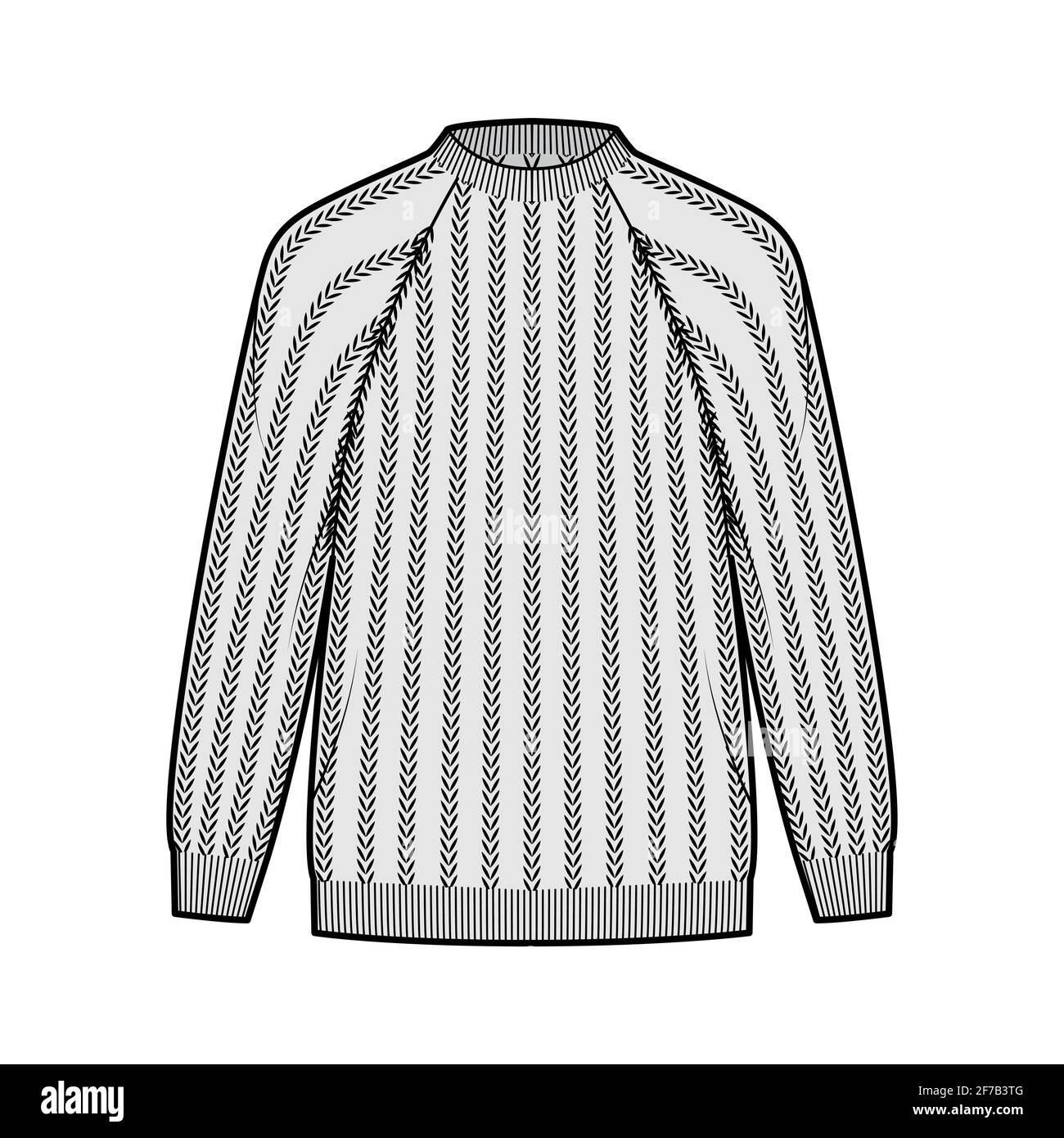 Pullover a coste illustrazione tecnica della moda con collo a costola, maniche lunghe raglan, oversize, lunghezza dell'anca, rivestimento del polsino a maglia. Ponticello piatto davanti, colore grigio. Donne, uomini unisex CAD mockup Illustrazione Vettoriale