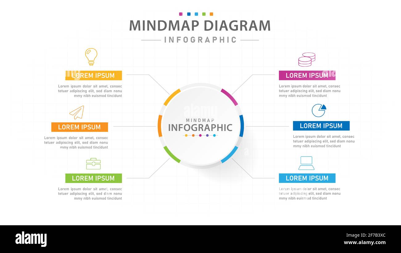 Modello infografico per le aziende. 6 passi diagramma moderno della mindmap, infografica del vettore di presentazione. Illustrazione Vettoriale