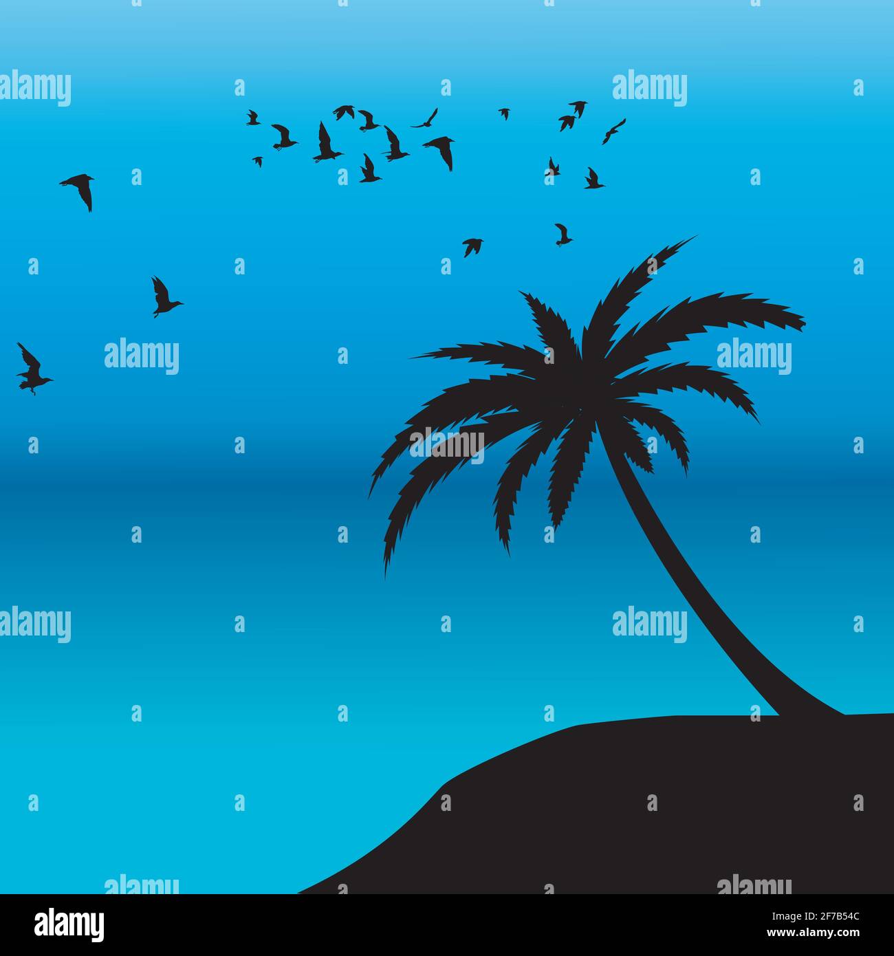 Palm silhouette e uccelli che vola sulla riva Illustrazione Vettoriale