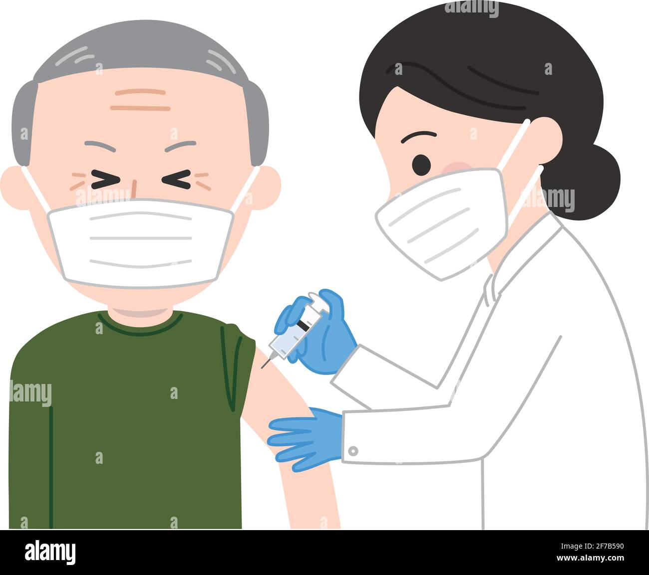 Un uomo anziano con una maschera medica del viso sente un pizzico leggero ricevere una vaccinazione. Illustrazione vettoriale isolata su sfondo bianco. Illustrazione Vettoriale