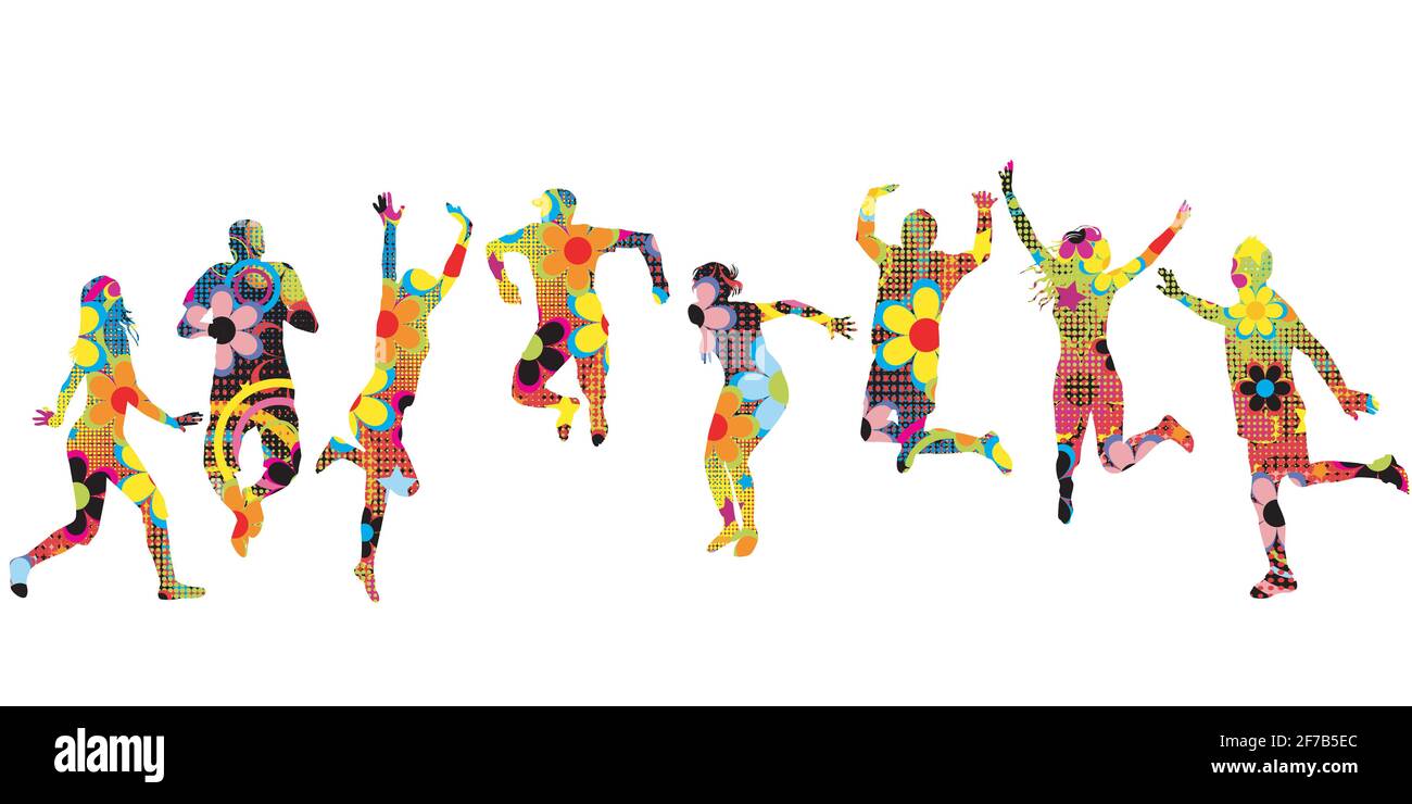 Motivi floreali sagome di uomini e donne jumping Illustrazione Vettoriale