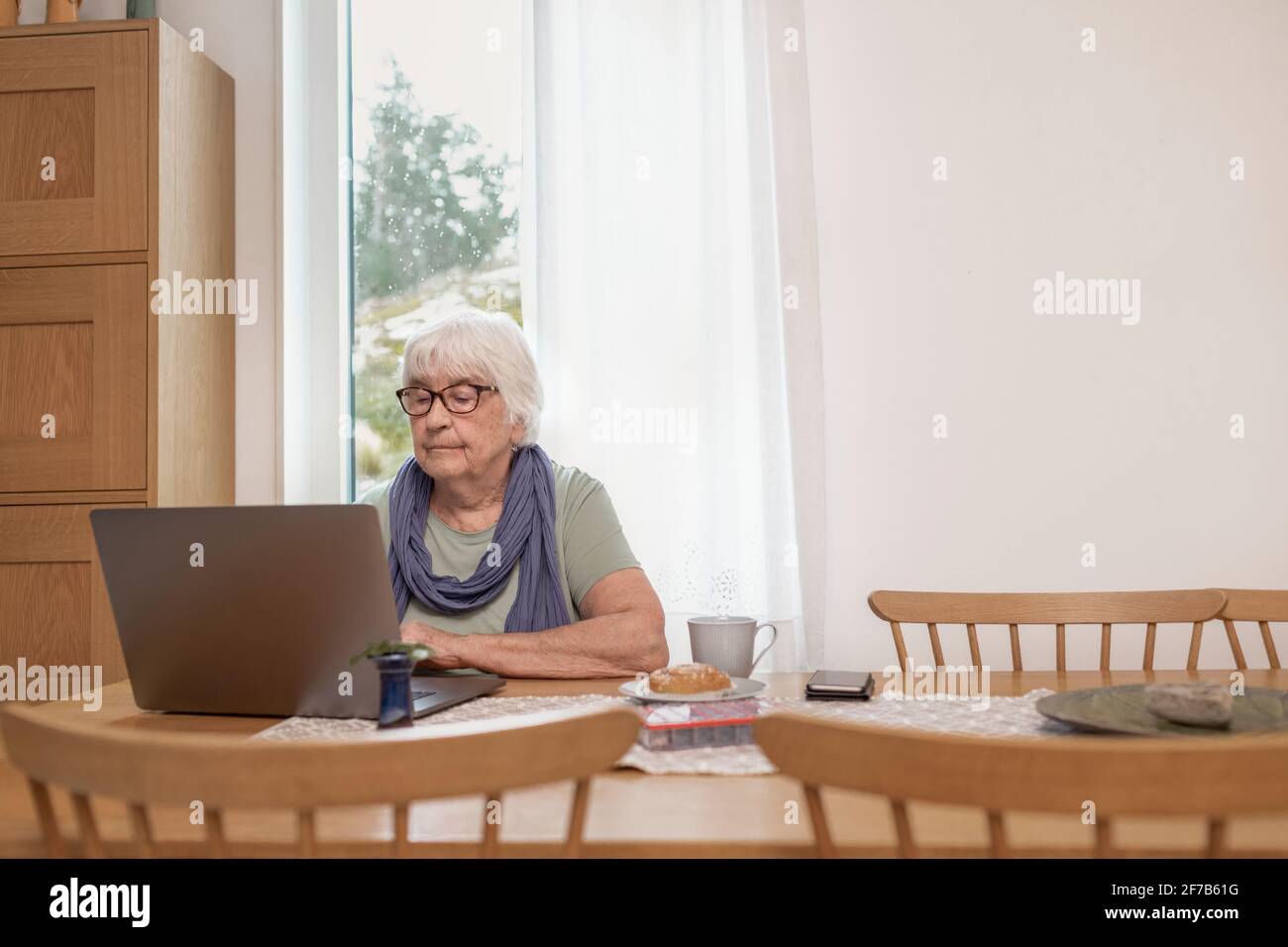 Senior donna utilizzando laptop a tavola Foto Stock