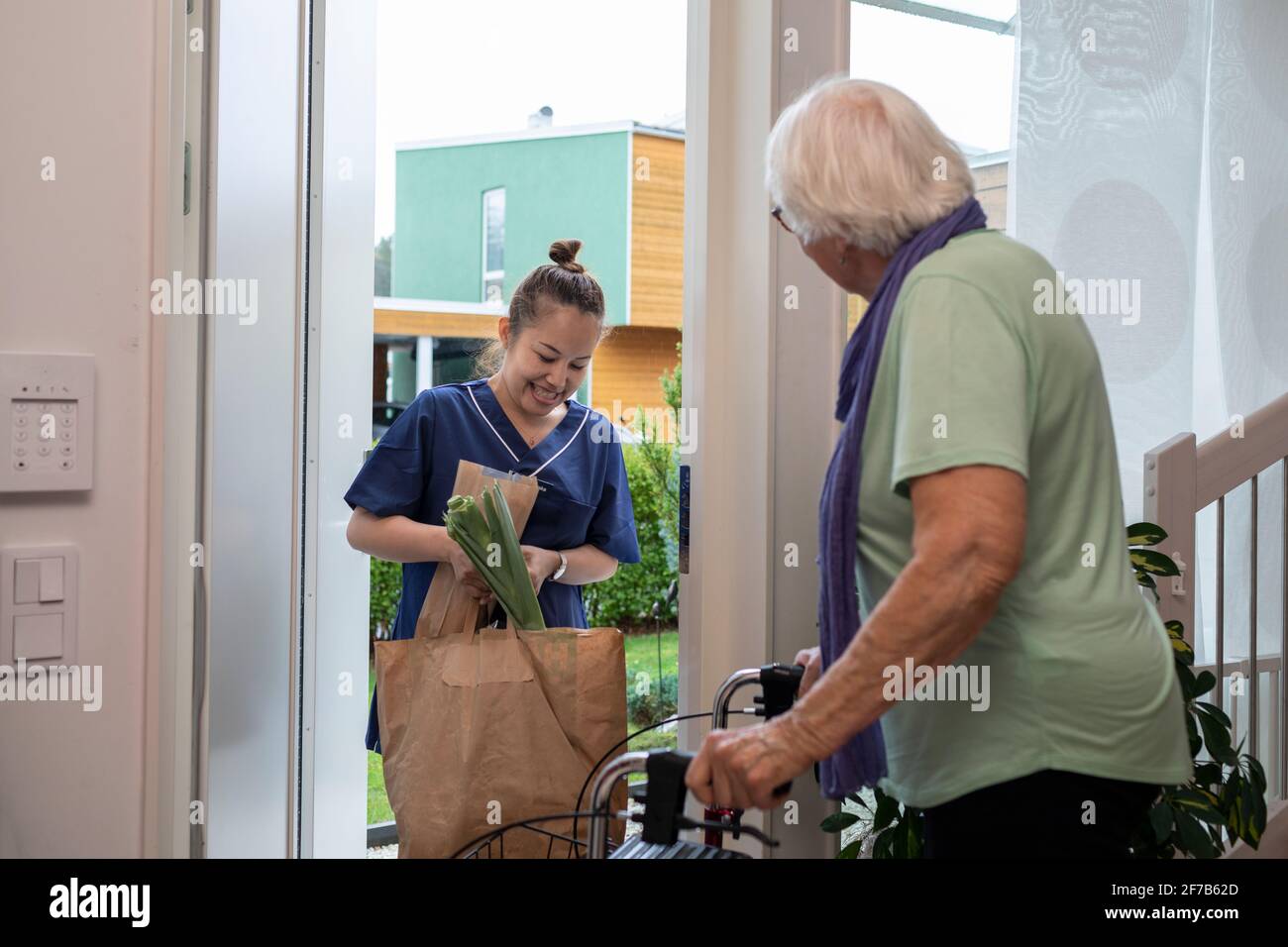 Home carer portando shopping donna anziana Foto Stock