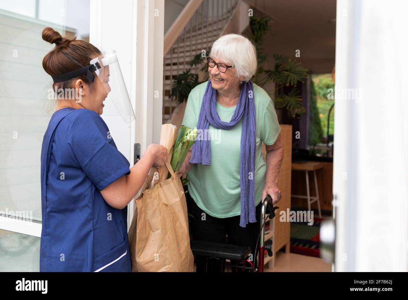 Home carer portando shopping donna anziana Foto Stock