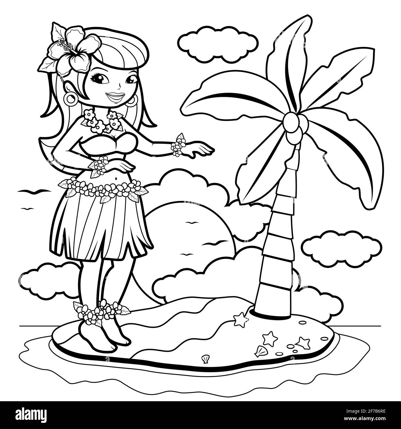 Donna danzatrice hawaiana che danzava su un'isola tropicale. Carino cartoni animati Hawaii hula tropicale isola ragazza in gonna di erba che balla. Pagina da colorare Foto Stock