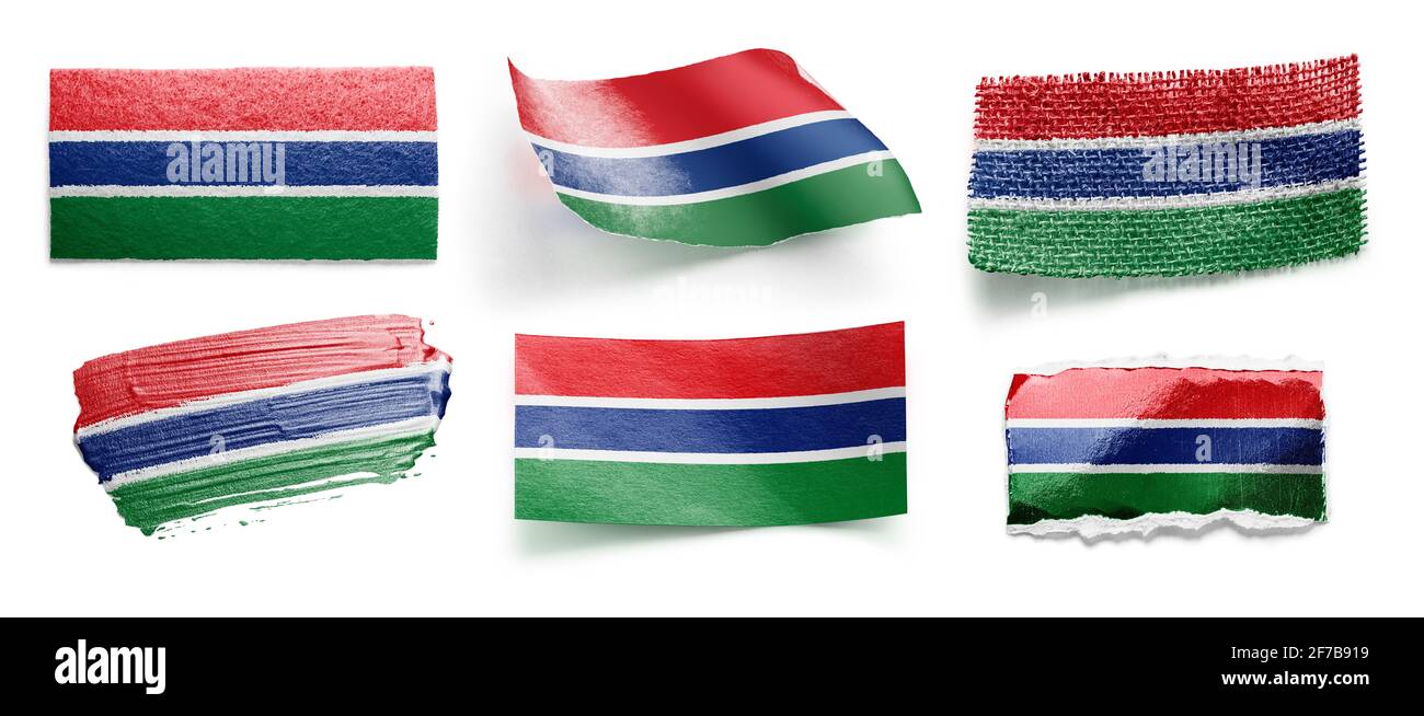Set della bandiera nazionale della Gambia su un bianco sfondo Foto Stock
