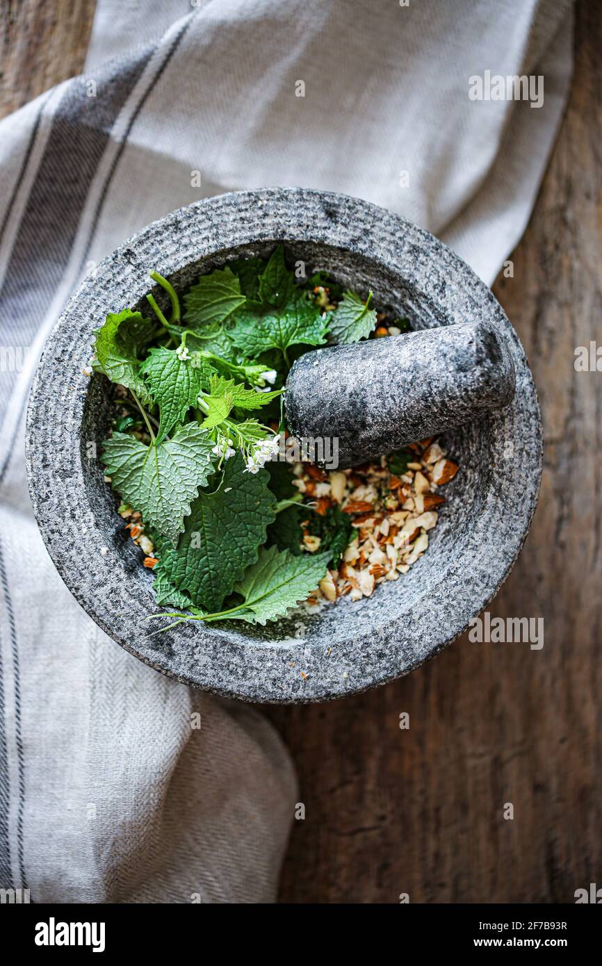 Aglio senape e mandorle pesto Foto Stock
