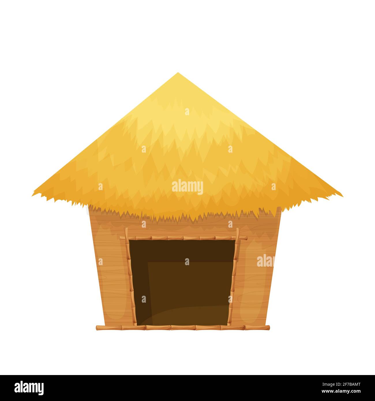 Capanna o bungalow sulla spiaggia con tetto di paglia, legno in stile cartone animato isolato su sfondo bianco. Cabina di bambù, piccolo oggetto esotico casa. Illustrazione vettoriale Illustrazione Vettoriale