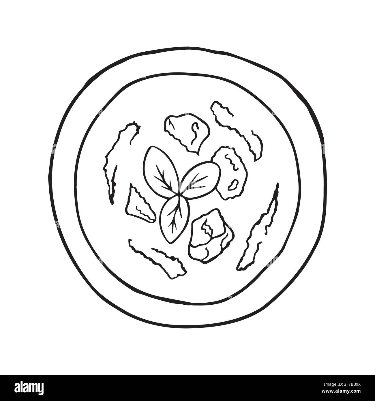 Gazpacho vettoriale disegnato a mano. Piatto di cucina spagnola. Design elemento di schizzo per menu cafè, bistrot, ristorante, panetteria, etichetta e imballaggio. Illustrazione Illustrazione Vettoriale