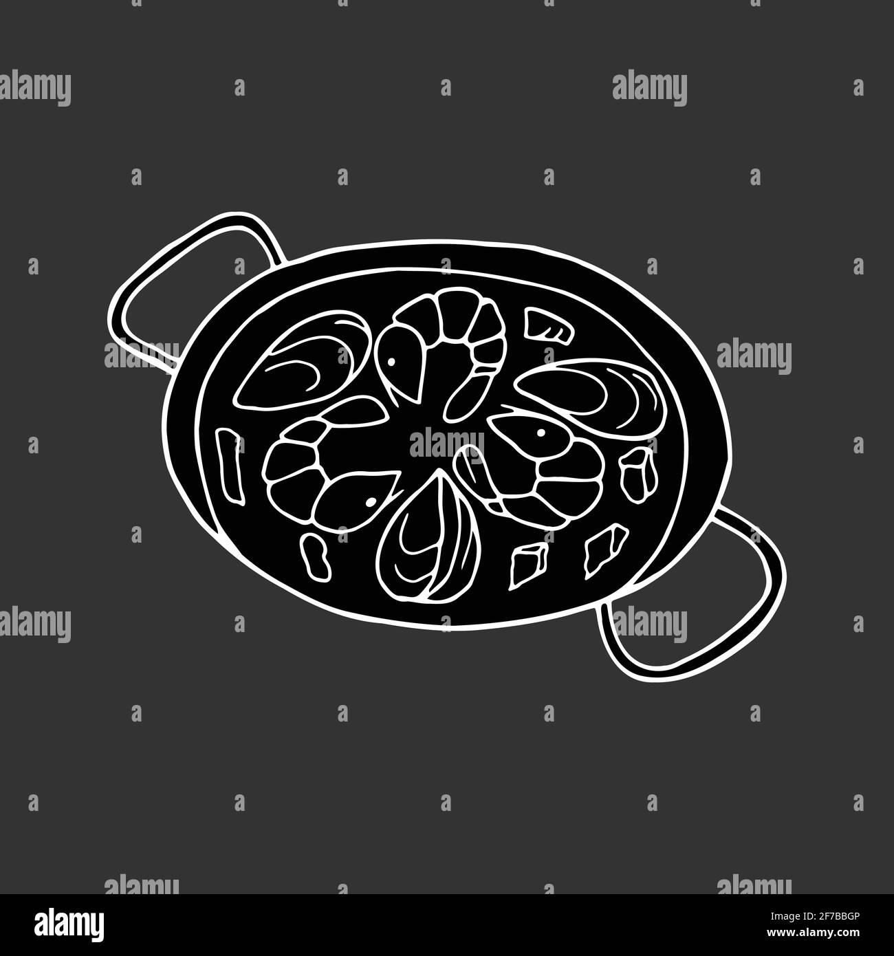 Paella disegnata a mano vettoriale. Piatto di cucina spagnola. Design elemento di schizzo per menu cafè, bistrot, ristorante, etichetta e imballaggio. Illustrazione Illustrazione Vettoriale