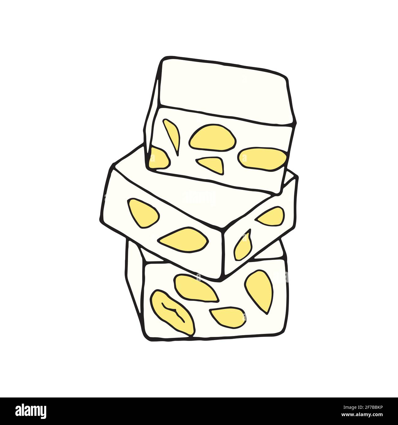 Torrone disegnato a mano vettore. Dessert spagnolo. Design elemento di schizzo per menu cafè, bistrot, ristorante, panetteria, etichetta e imballaggio. Illustrazione colorata Illustrazione Vettoriale