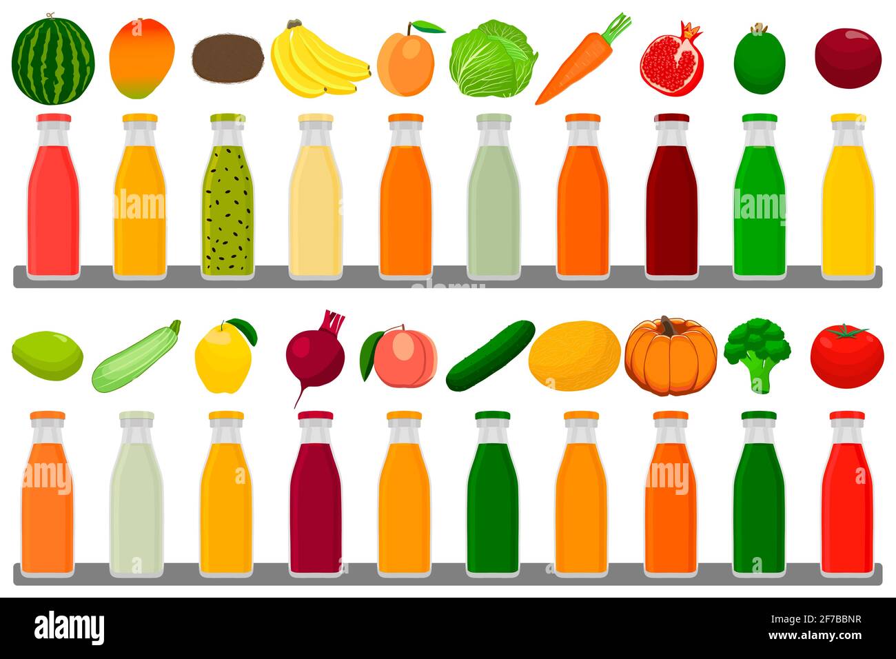 Illustrazione sul tema grandi bottiglie di vetro del kit con tappi riempiti liquido succo di frutta multicolore. Bottiglie di vetro costituite da saporito succo di frutta naturale. F Illustrazione Vettoriale