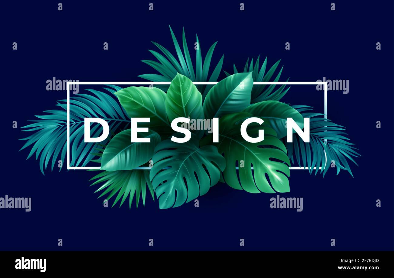 Design tropicale estivo per striscioni o volantini con foglie verdi di palma tropicali e scritte. Illustrazione vettoriale Illustrazione Vettoriale