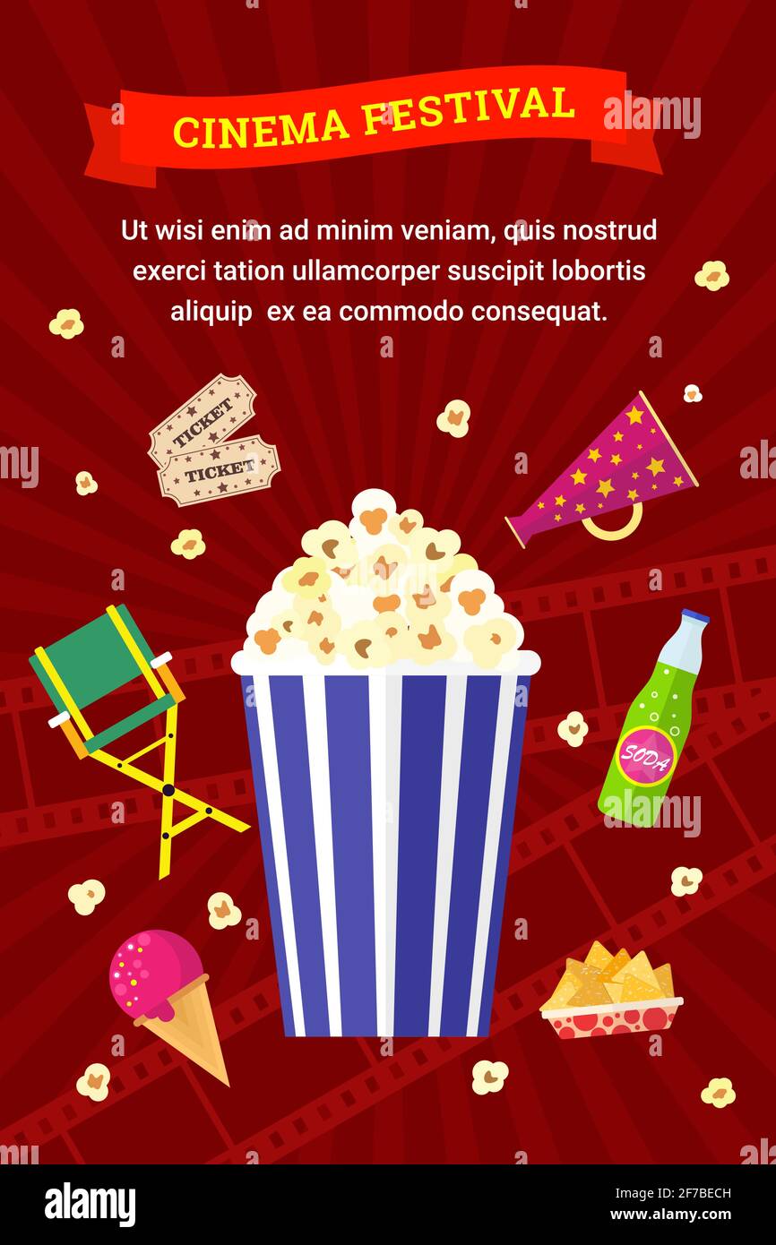 Elementi Vector Flat Movie con pop corn, drink, snack e gelato. Festival del cinema. Illustrazione Vettoriale