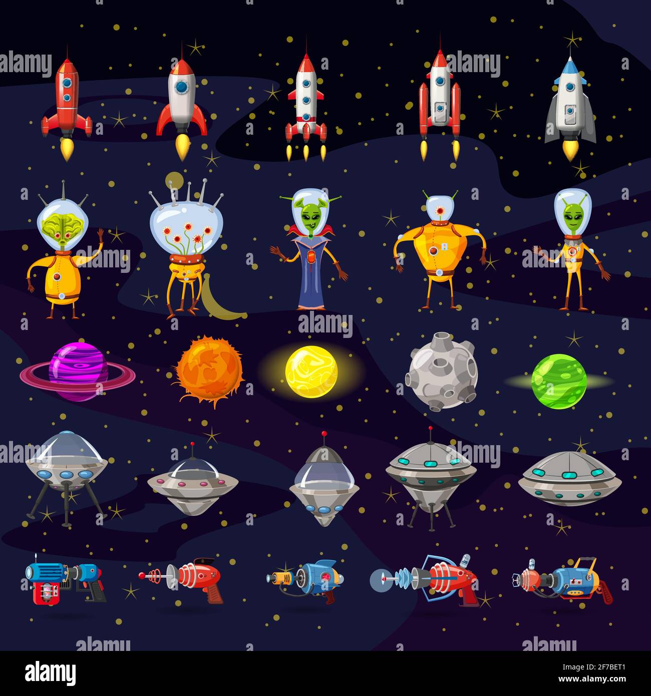 Concetto COSMOS Set. Ambientato su un tema spaziale, tra cui razzi, pianeti, alieni, blaster. Illustrazione vettoriale isolata sullo sfondo dello spazio. Illustrazione Vettoriale