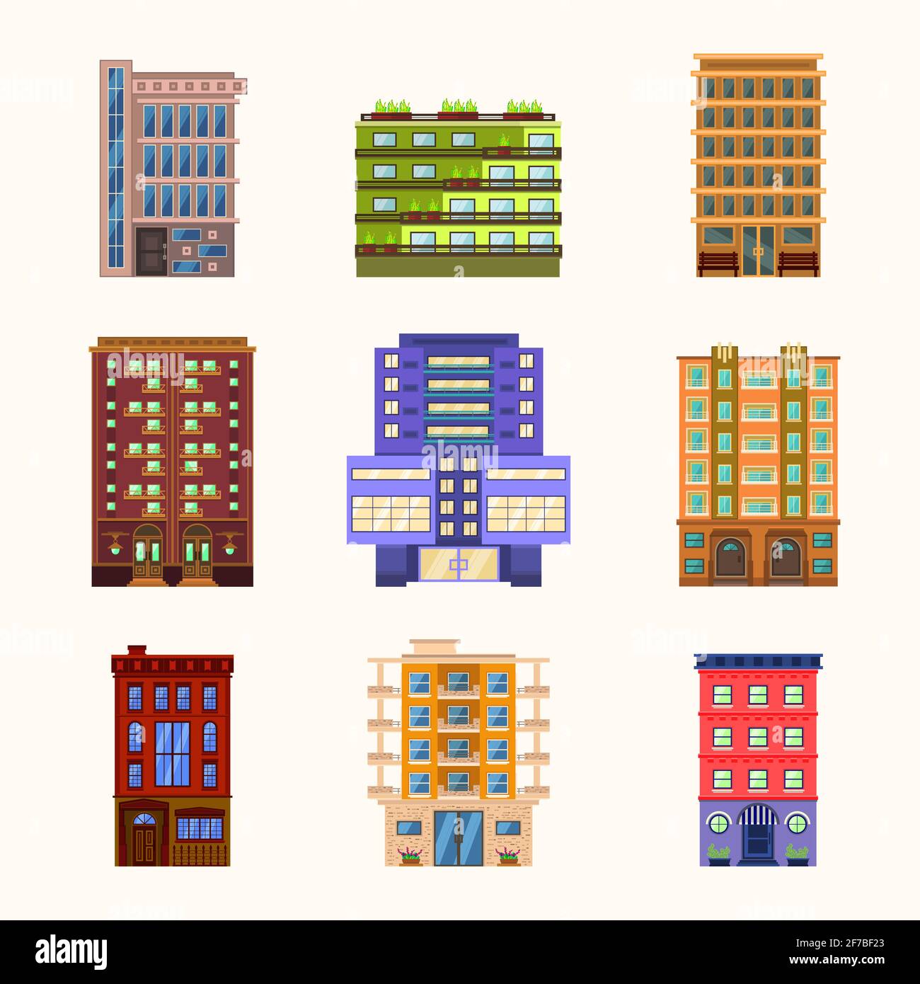 Set di edifici vettoriali e case in stile piatto Illustrazione Vettoriale